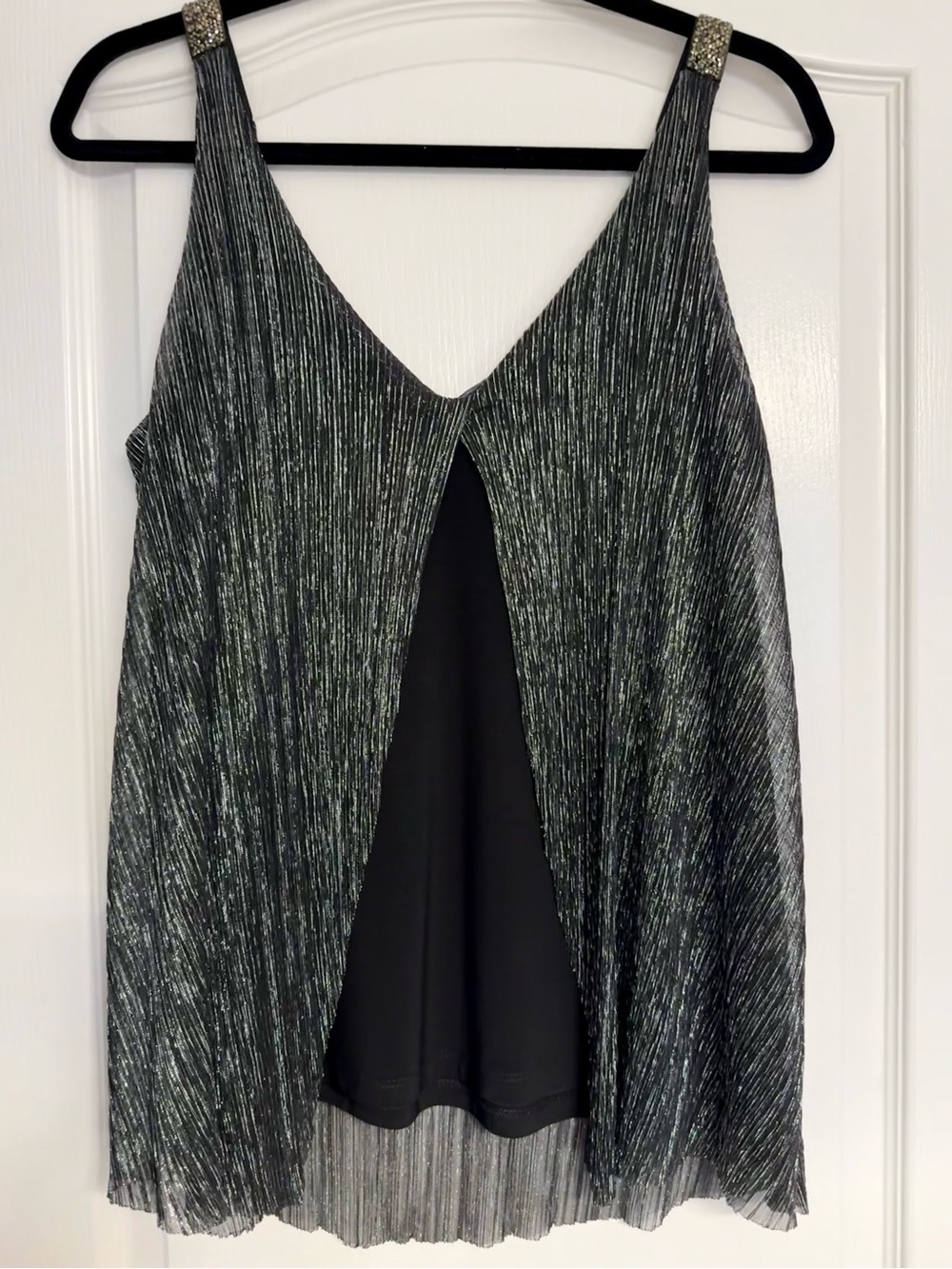 Sleeveless Shimmer V-Neck Black Metallic Camisole with Embellished Straps - Picture 2 of 3